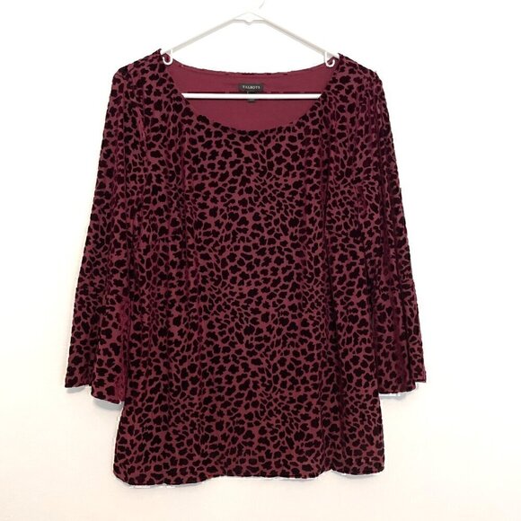 TALBOTS Burnout Flounce Sleeve Top Burgundy Maroon Cheetah Leopard 3/4 Sleeve L - Picture 2 of 12